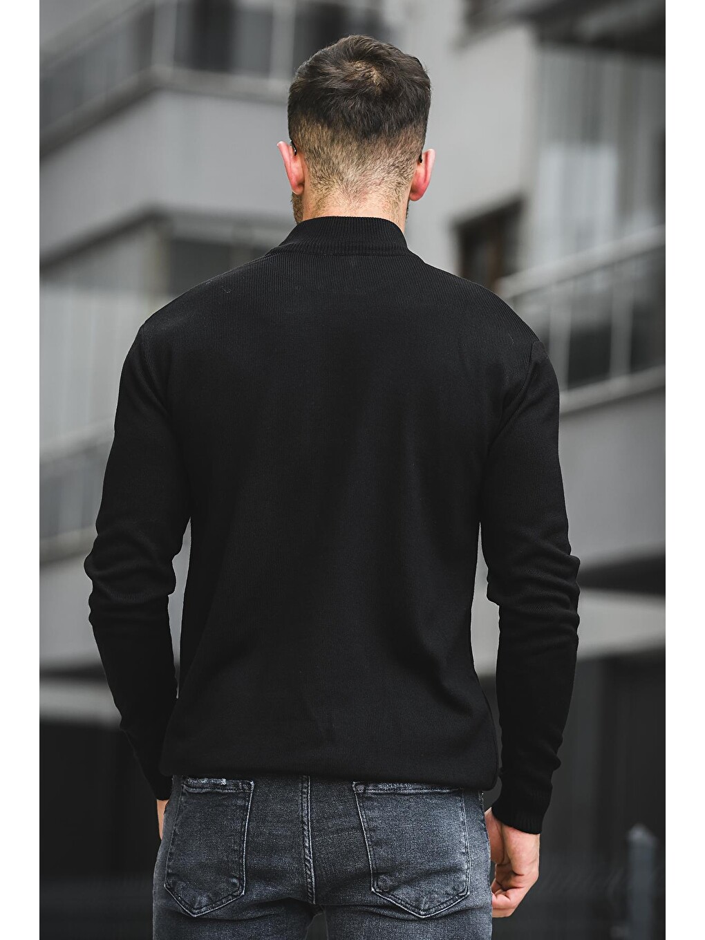 Siyah Pamuk Slim Fit Erkek Yarım Balıkçı Kazak-2