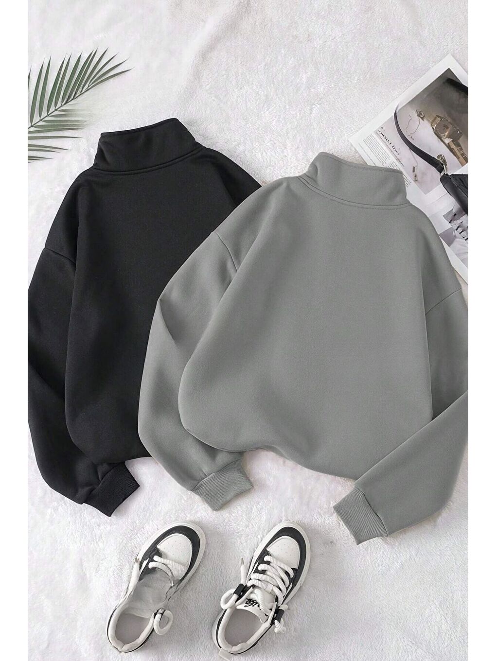 Gri Kadın Füme Siyah Oversize Yarım Fermuarlı 2Li Sweatshirt Set-1