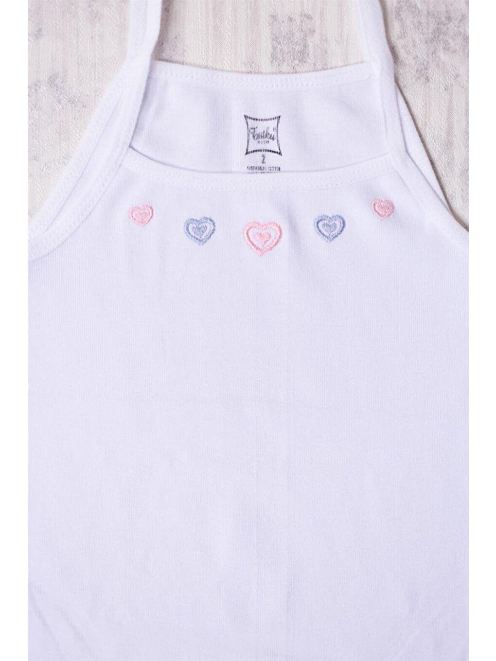 6’lı Kız Çocuk Beyaz %100 Pamuk İp Askılı İşlemeli Atlet-2