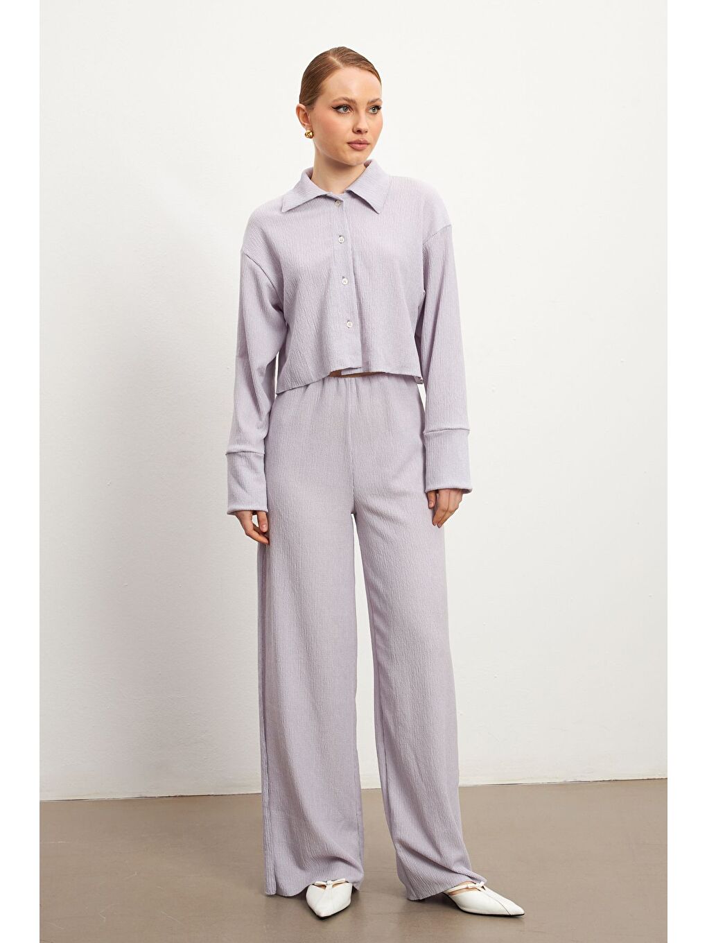 Kadın Lila Uzun Kollu Gömlek Yırtmaçlı Pantolon Krinkıl Takım-1