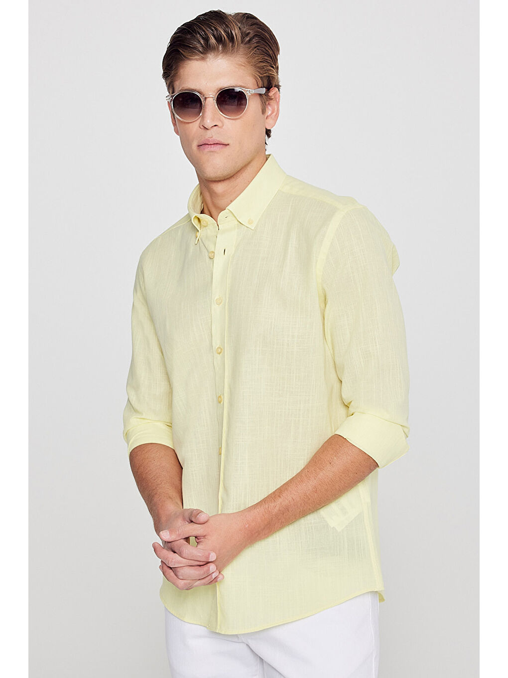 Erkek Sarı %100 Pamuk Oxford Slim Fit Dar Kesim Düğmeli Yaka Flamlı Gömlek