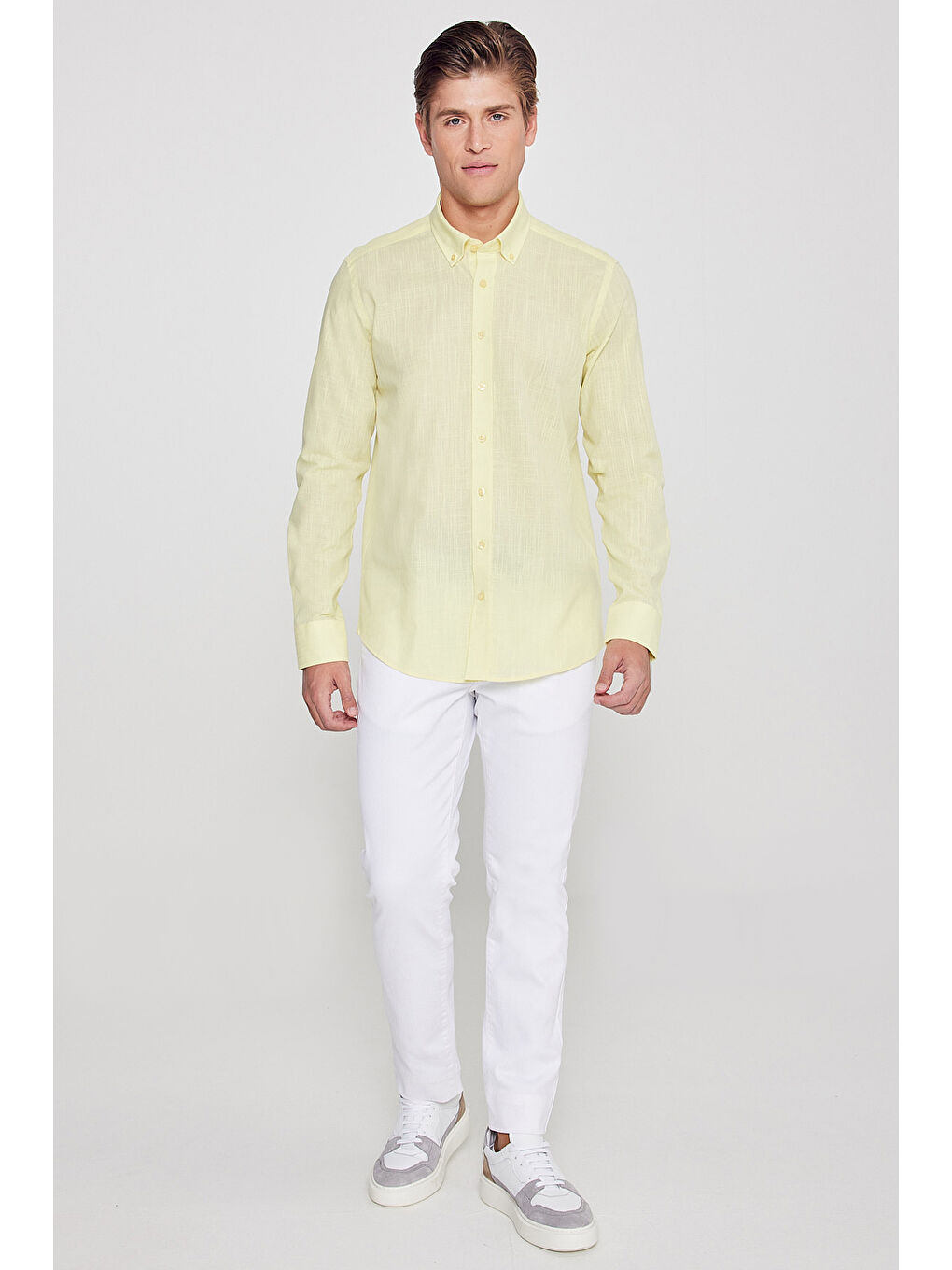 Erkek Sarı %100 Pamuk Oxford Slim Fit Dar Kesim Düğmeli Yaka Flamlı Gömlek-1