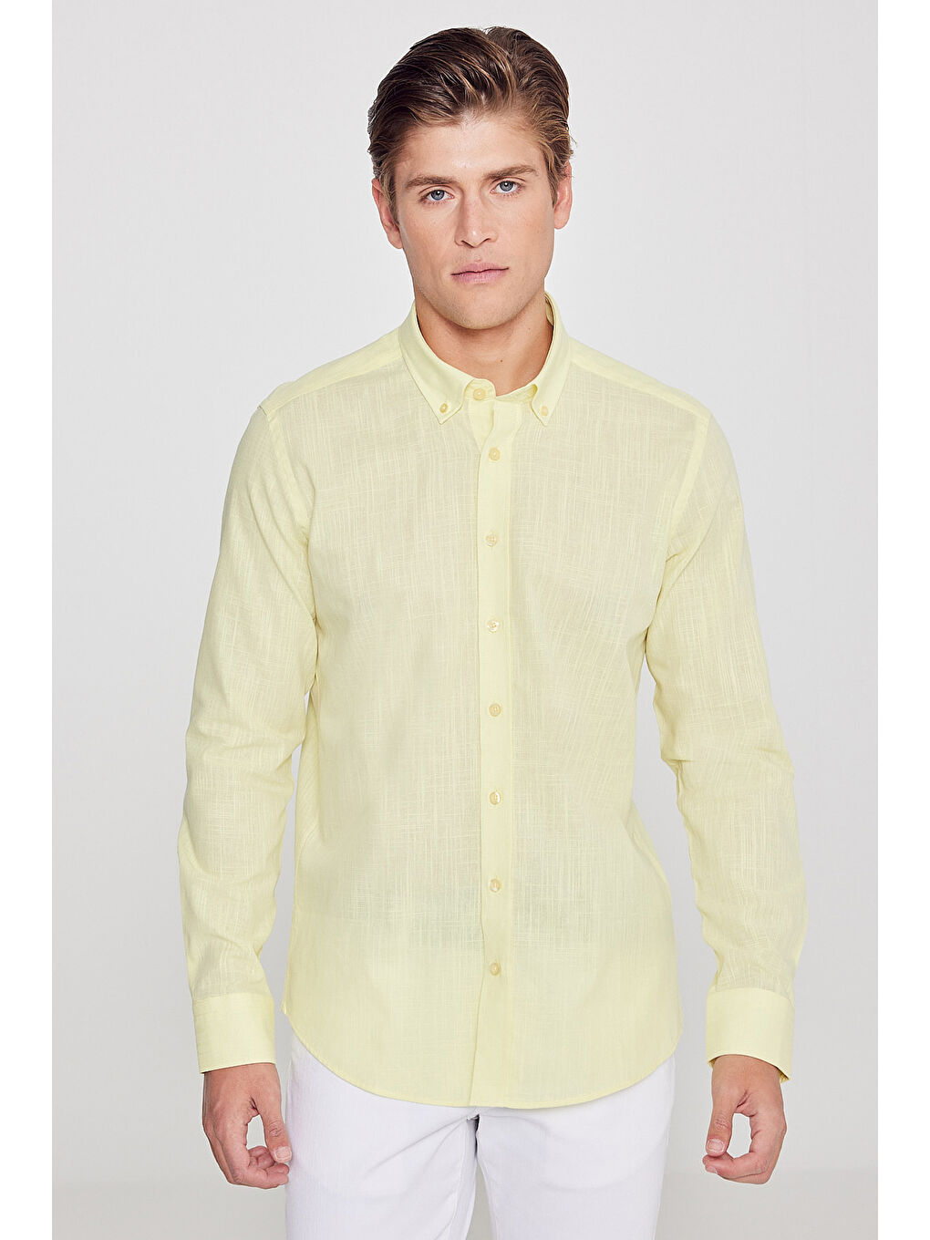 Erkek Sarı %100 Pamuk Oxford Slim Fit Dar Kesim Düğmeli Yaka Flamlı Gömlek-2