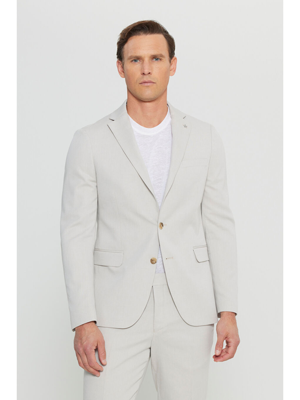 Erkek Bej Pamuklu Slim Fit Dar Kesim Mono Yaka Diagonal Desenli Kapak Cepli Takım Elbise