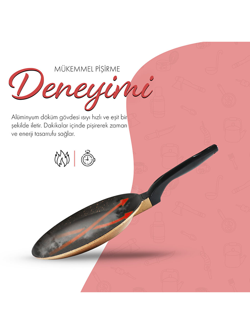 Serenk Kahverengi Fun Cooking Defne Alüminyum Döküm Granit Kaplama Krep Tava 22 cm Sarı - 7