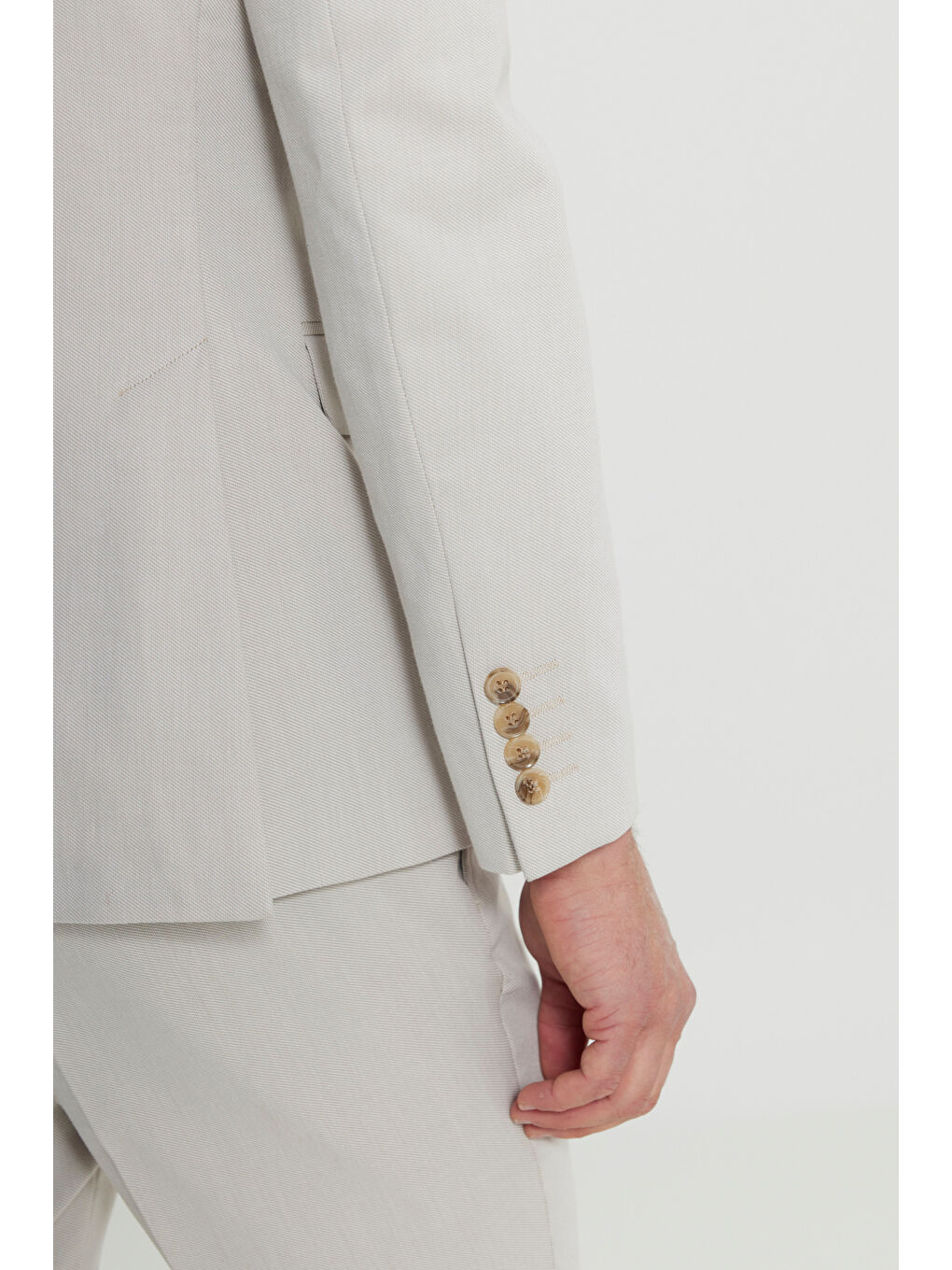 Erkek Bej Pamuklu Slim Fit Dar Kesim Mono Yaka Diagonal Desenli Kapak Cepli Takım Elbise-5