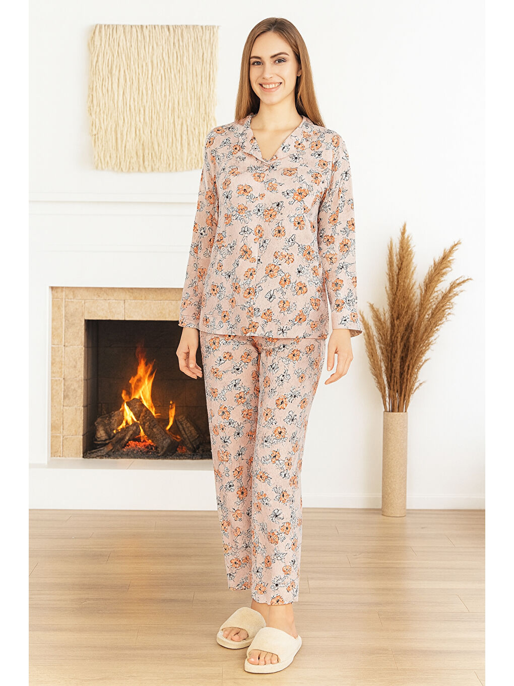 Pembe Kadın Çiçek Desen Önü Düğmeli Saphire Pijama Takımı 0504 Pudra