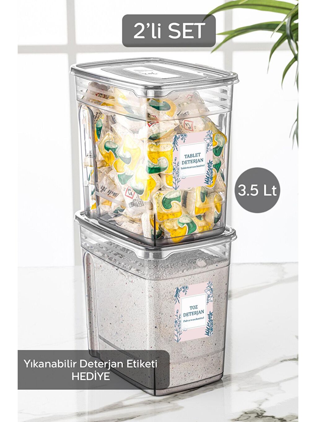 Antrasit 2 Adet 3,5'litre Lena Pratik Kapaklı Banyo Düzenleyici Saklama Kabı Etiketli Tablet Deterjan Kutusu