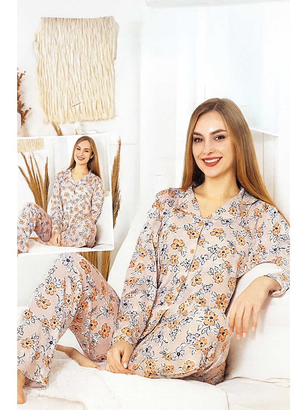 Pembe Kadın Çiçek Desen Önü Düğmeli Saphire Pijama Takımı 0504 Pudra-1