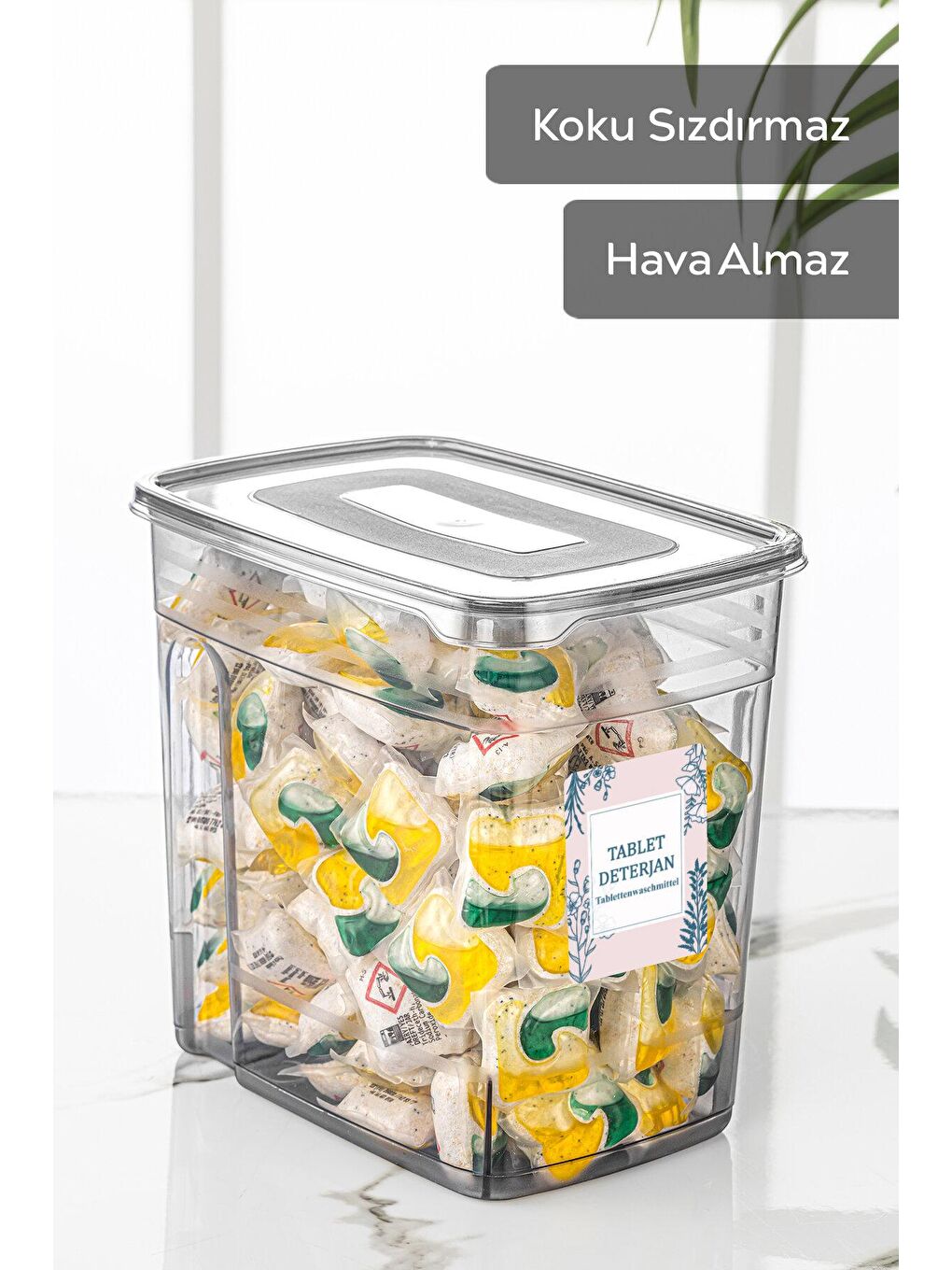 Antrasit 2 Adet 3,5'litre Lena Pratik Kapaklı Banyo Düzenleyici Saklama Kabı Etiketli Tablet Deterjan Kutusu-1