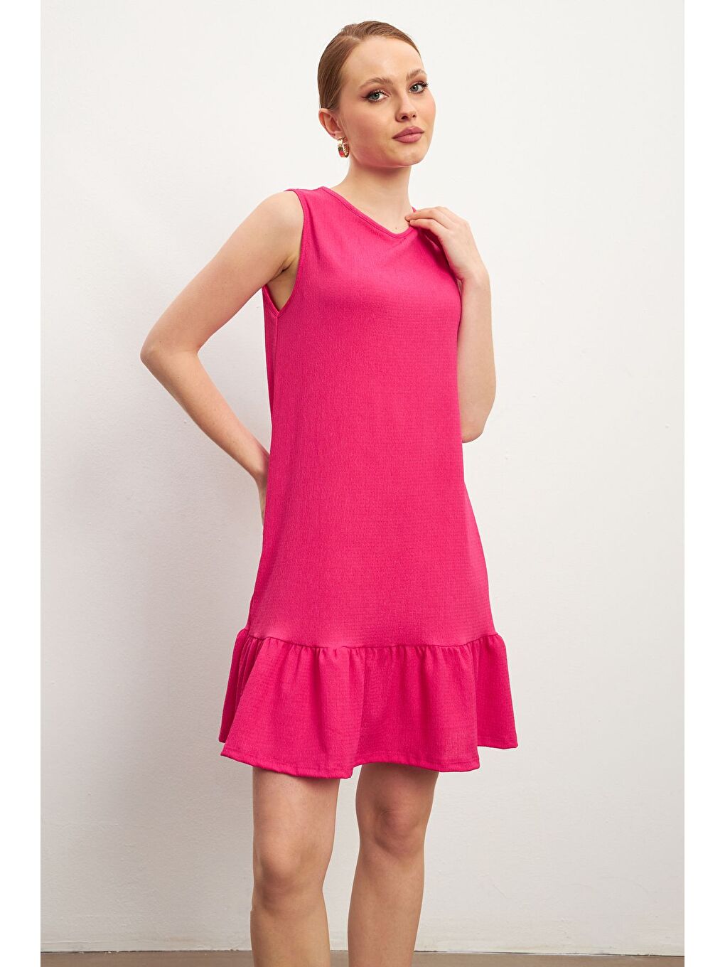 Pembe Kadın Fuşya Bisiklet Yaka Kolsuz Krinkıl Elbise-3