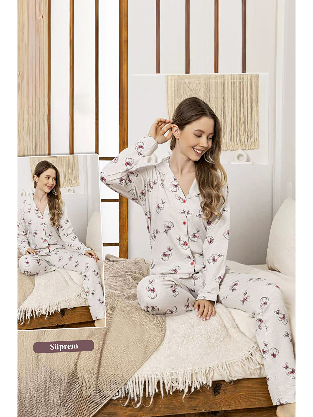Bej Kadın Tavşan Desen Suprem Düğmeli Pijama Takımı 0371 Vizon03-3