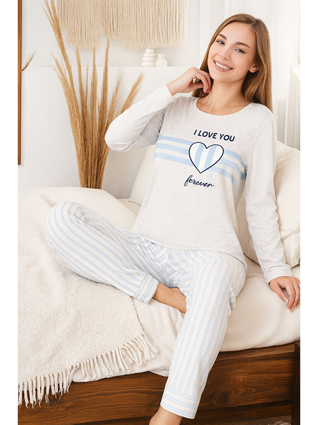 Kadın Mavi Çizgili Kalp Desen Suprem Pijama Takımı 0454 Gri01