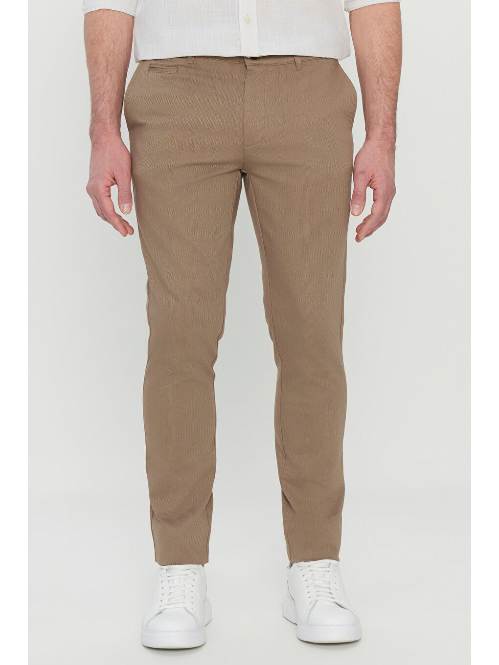 Erkek Bej Pamuklu Slim Fit Armürlü Yan Cepli Esnek Casual Pantolon