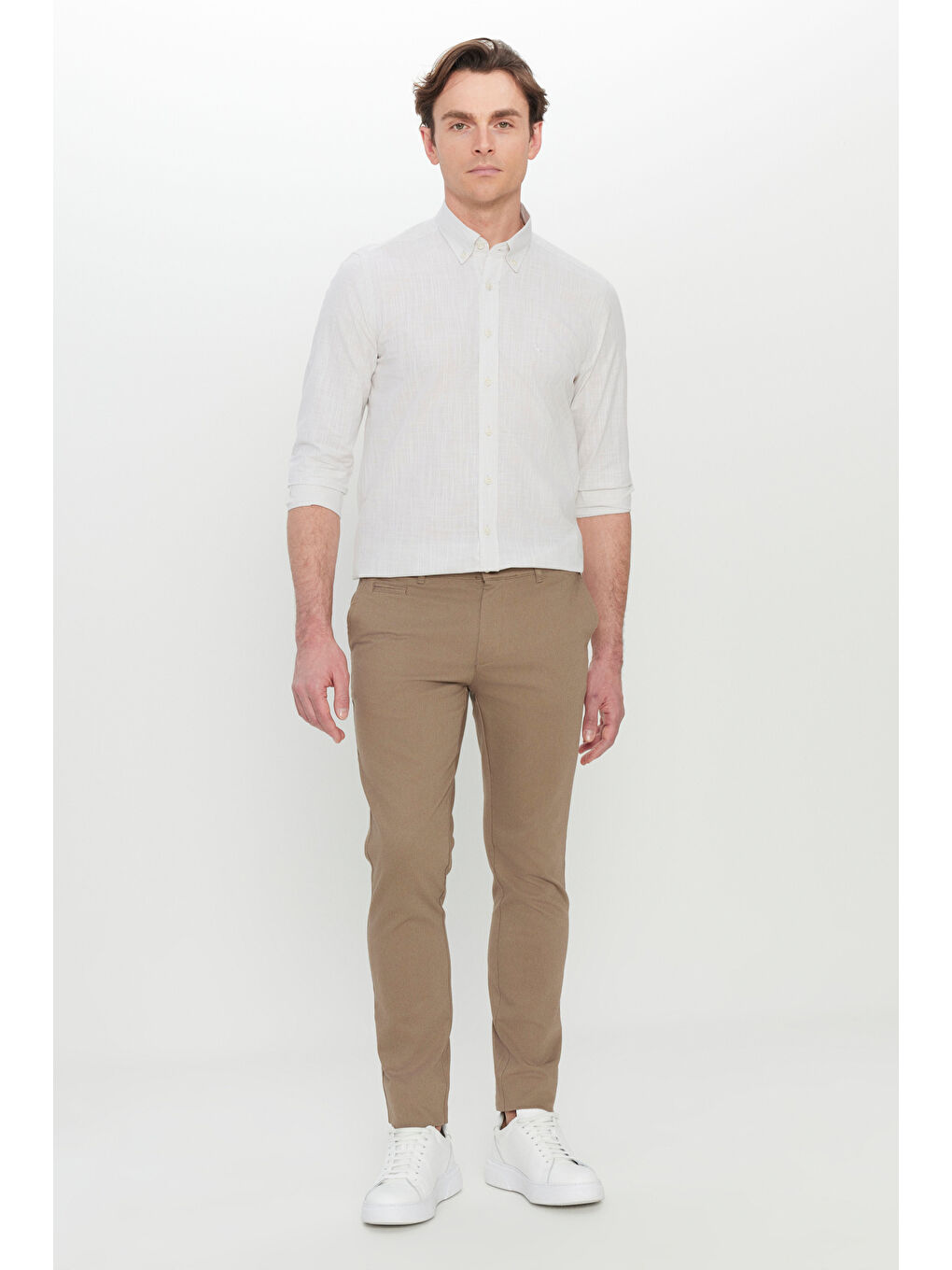 Erkek Bej Pamuklu Slim Fit Armürlü Yan Cepli Esnek Casual Pantolon-1