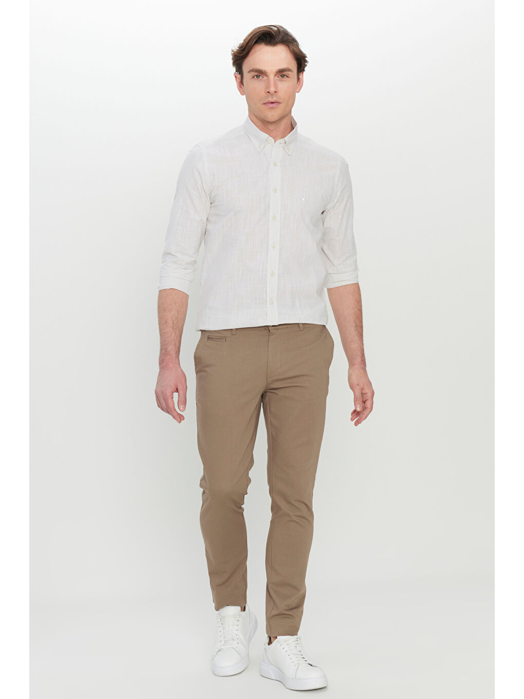 Erkek Bej Pamuklu Slim Fit Armürlü Yan Cepli Esnek Casual Pantolon-2