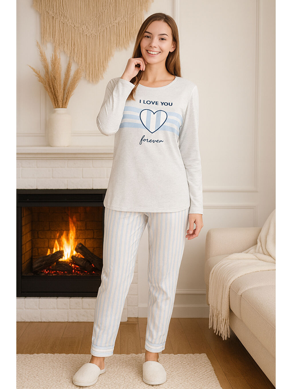 Kadın Mavi Çizgili Kalp Desen Suprem Pijama Takımı 0454 Gri01-3