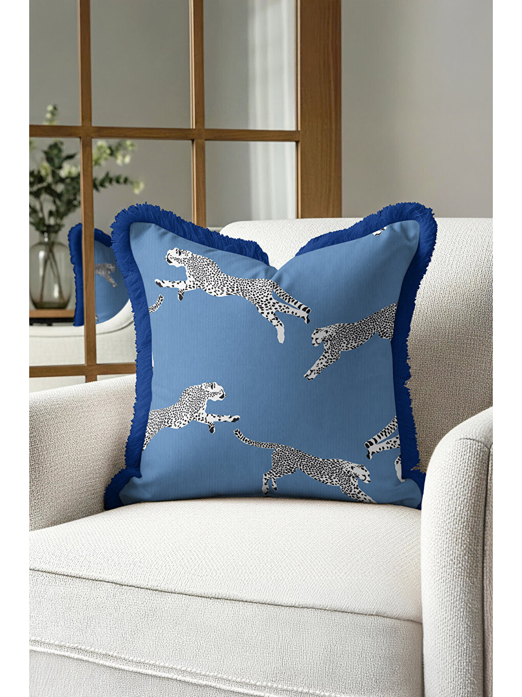 Karışık Lüks Safari Cheetah Saçaklı Yastık Kılıfı - Modern Mavi Panter Motifli Püsküllü Kırlent Kılıfı-3