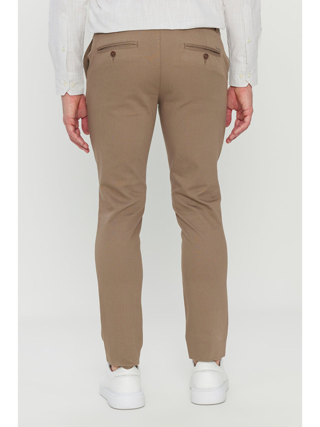 Erkek Bej Pamuklu Slim Fit Armürlü Yan Cepli Esnek Casual Pantolon-5