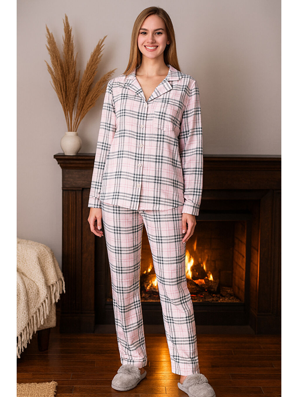 Kadın Ekose Desen Suprem Pijama Takımı 0505 Pembe05-1