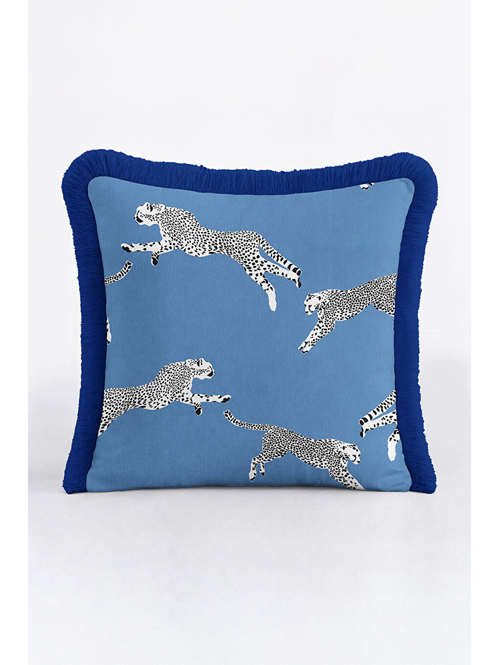 Karışık Lüks Safari Cheetah Saçaklı Yastık Kılıfı - Modern Mavi Panter Motifli Püsküllü Kırlent Kılıfı-4