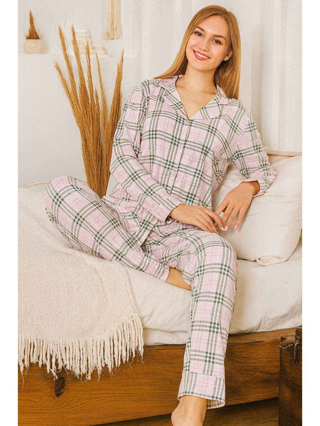 Kadın Ekose Desen Suprem Pijama Takımı 0505 Pembe05-2