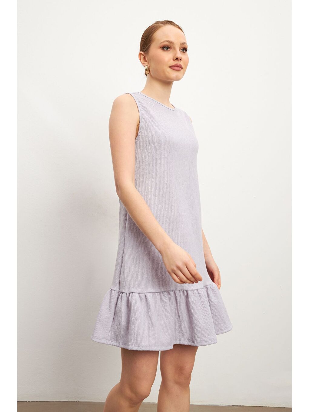 Kadın Lila Bisiklet Yaka Kolsuz Krinkıl Elbise