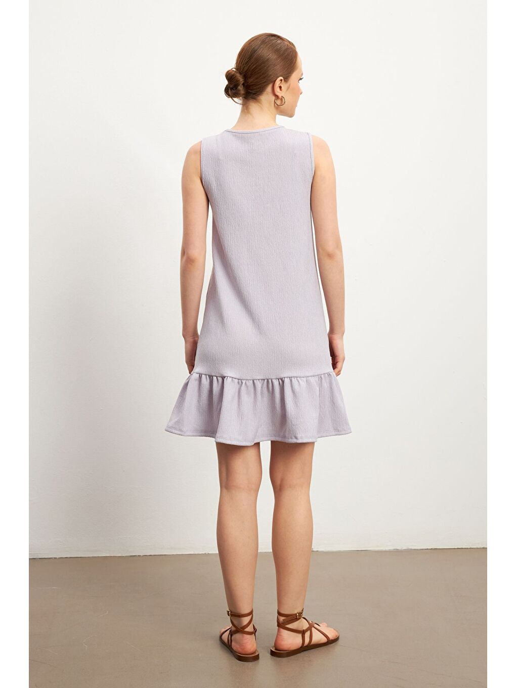 Kadın Lila Bisiklet Yaka Kolsuz Krinkıl Elbise-4