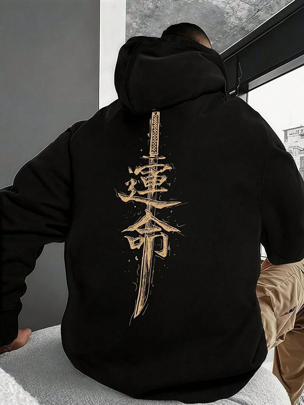 Unisex Erkek Japanese Sword Özel Baskı Pamuklu Oversize Kapüşonlu Sweatshirt Siyah-1