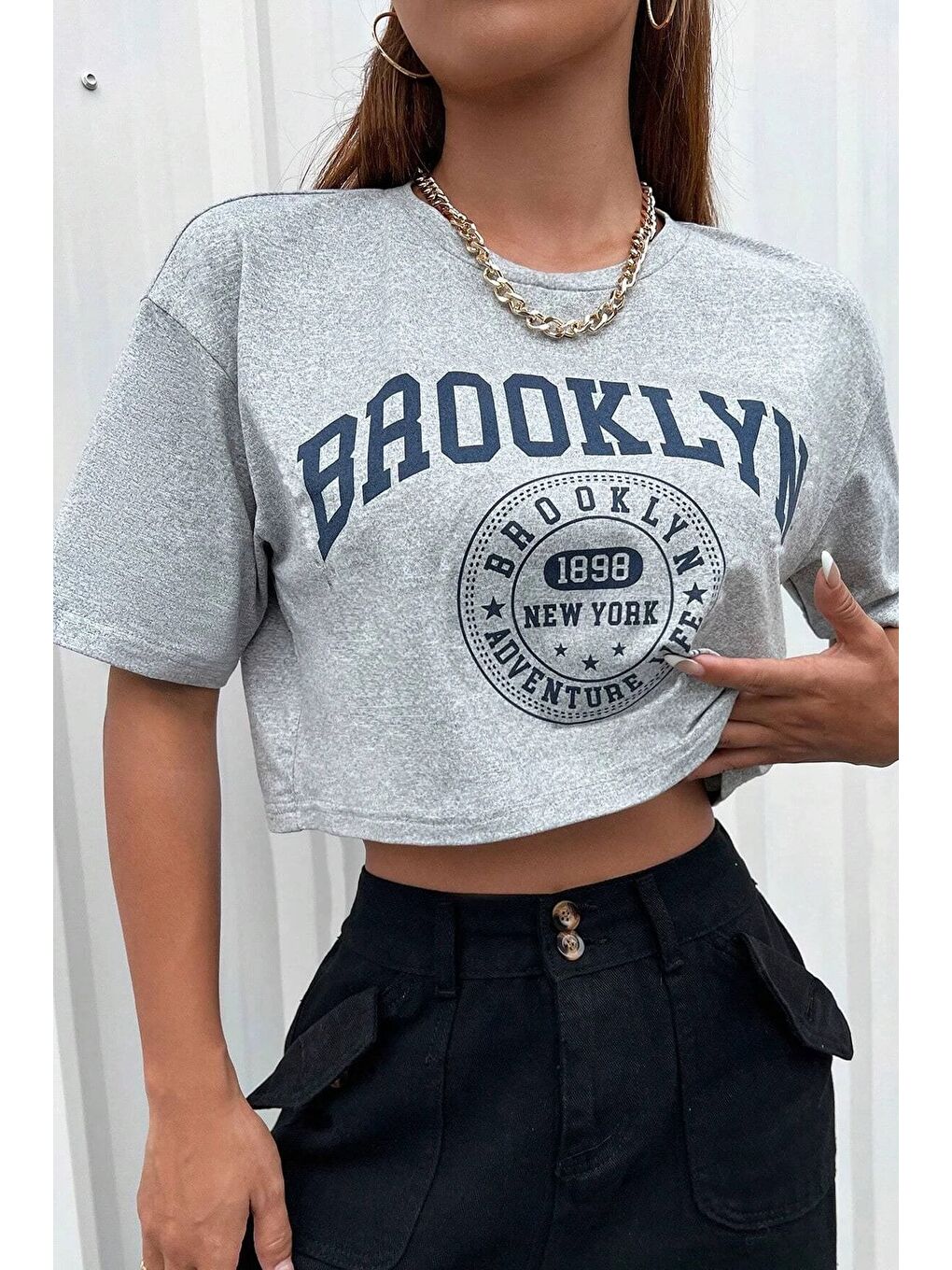 Kadın Oversize Crop T shirt Gri Brooklyn Baskılı