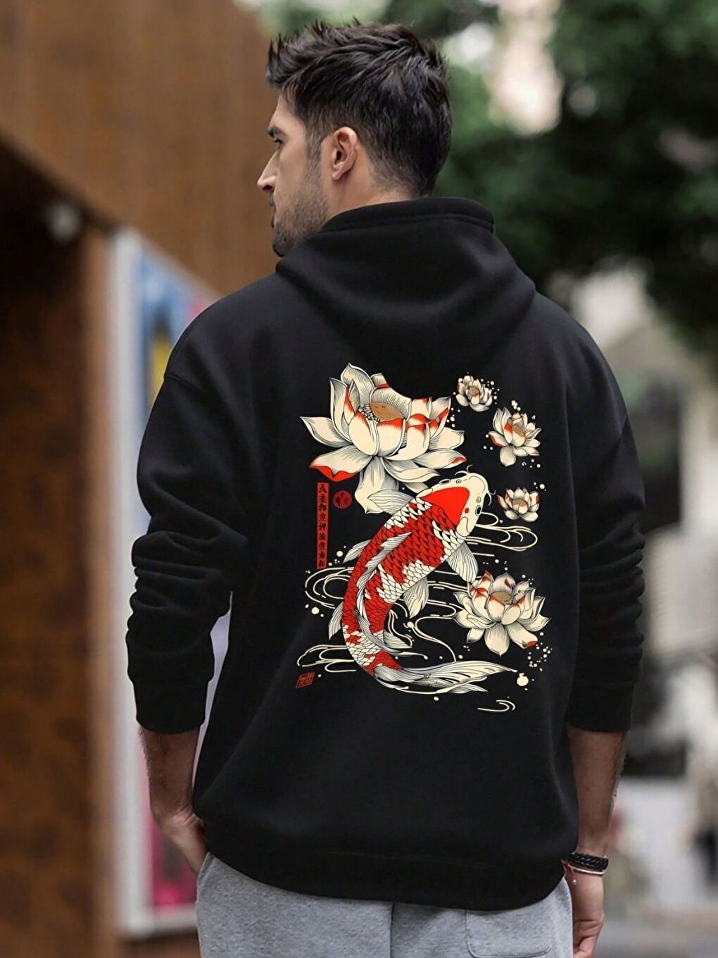 Unisex Erkek KOREA Fish Özel Baskı Pamuklu Oversize Kapüşonlu Sweatshirt Siyah-2