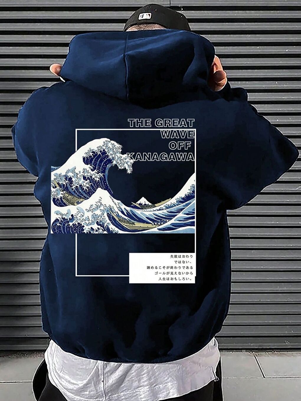 Unisex Erkek Kanagawa Özel Baskı Pamuklu Oversize Kapüşonlu Sweatshirt Lacivert