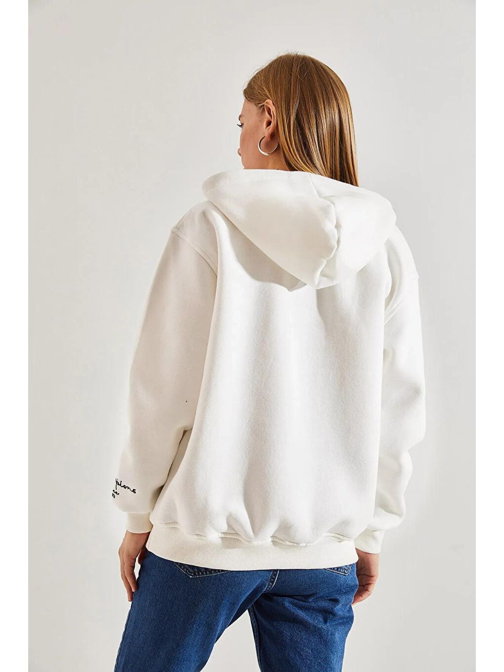 Beyaz Kadın Kapüşonlu California Baskılı Üç İplik Şardonlu Sweatshirt-2