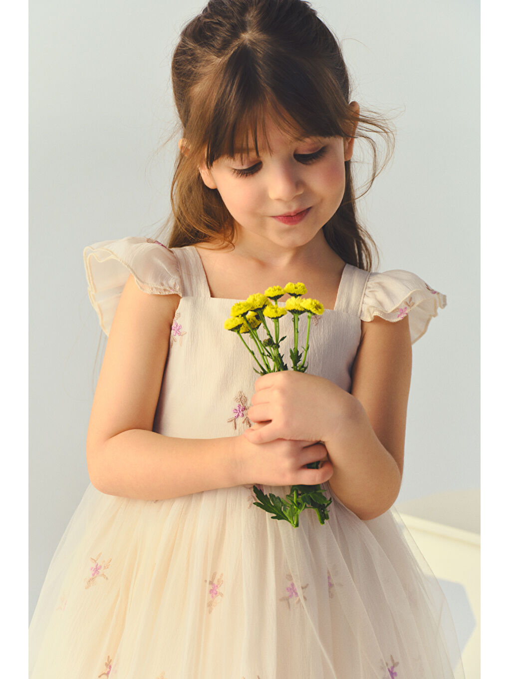 Kız Bebek / Çocuk Çiçek Desenli Tül Ekru Abiye Elbise-1
