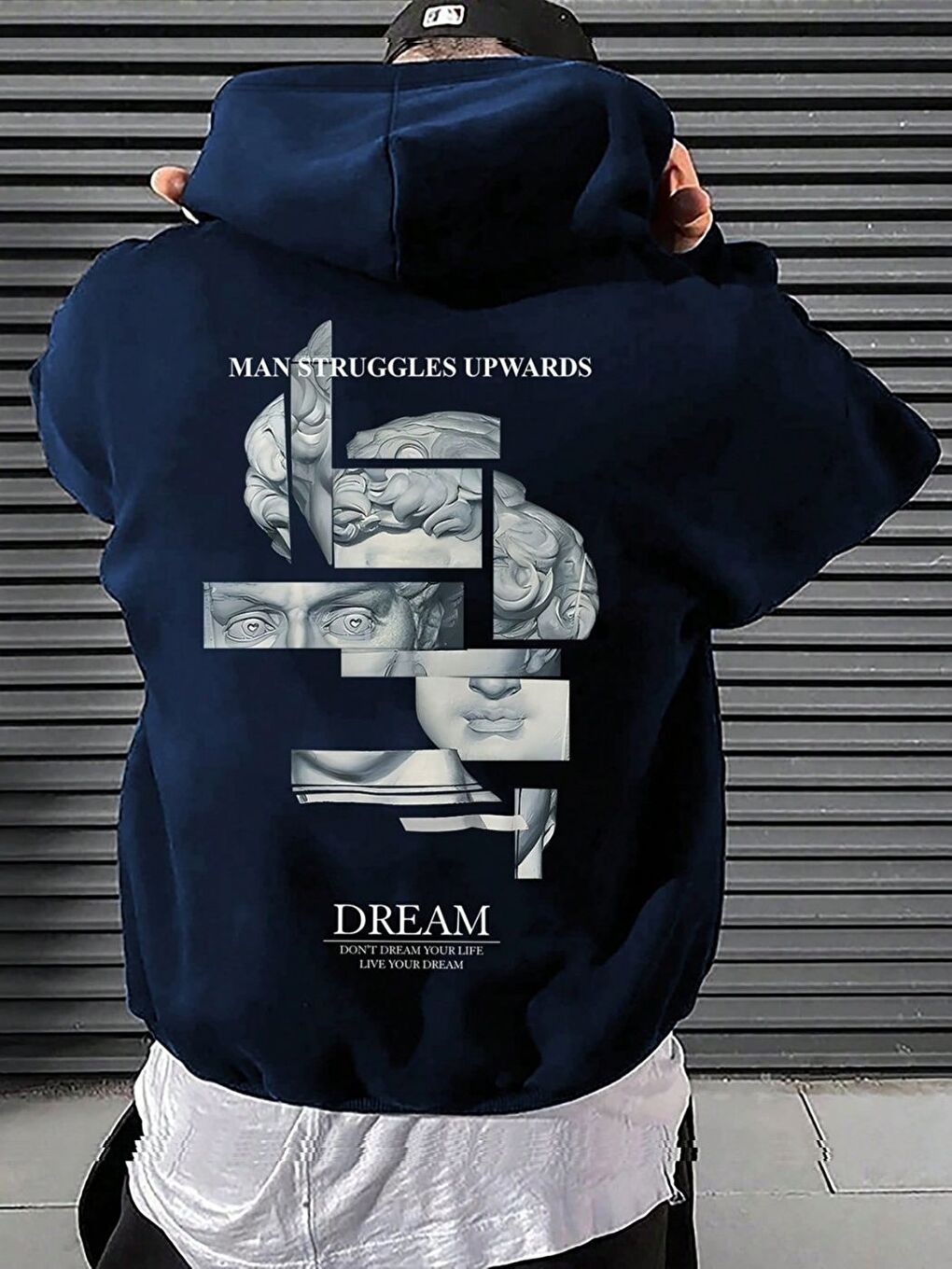 Unisex Erkek Partial Sculpture Özel Baskı Pamuklu Oversize Kapüşonlu Sweatshirt Lacivert