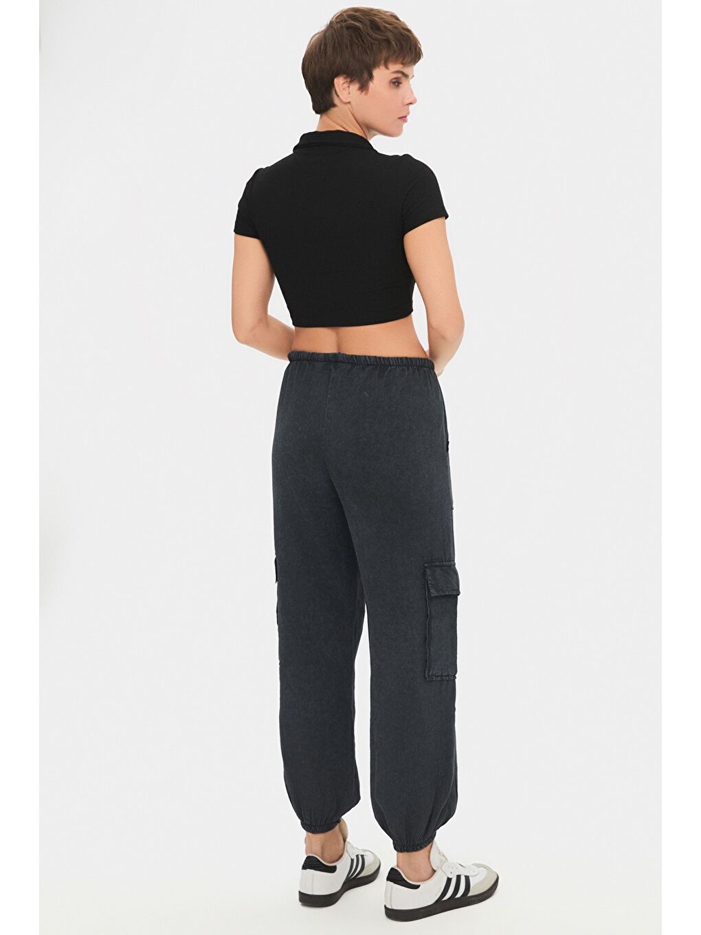 Antrasit Kadın %100 Pamuk Kargo Cepli Jogger Pantolon-4