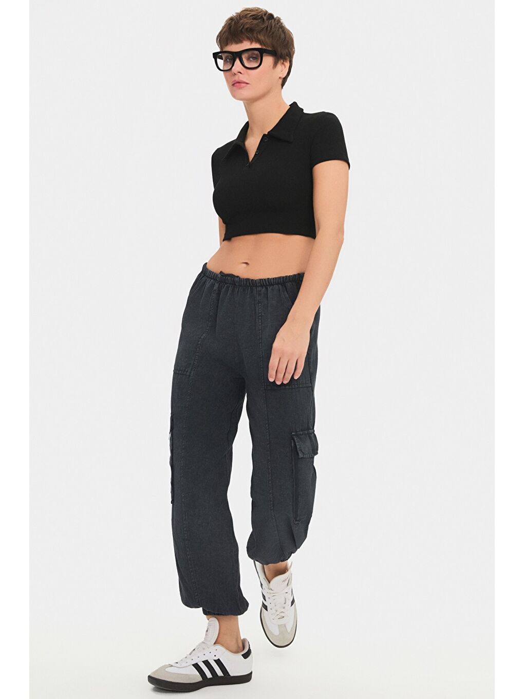 Antrasit Kadın %100 Pamuk Kargo Cepli Jogger Pantolon-2