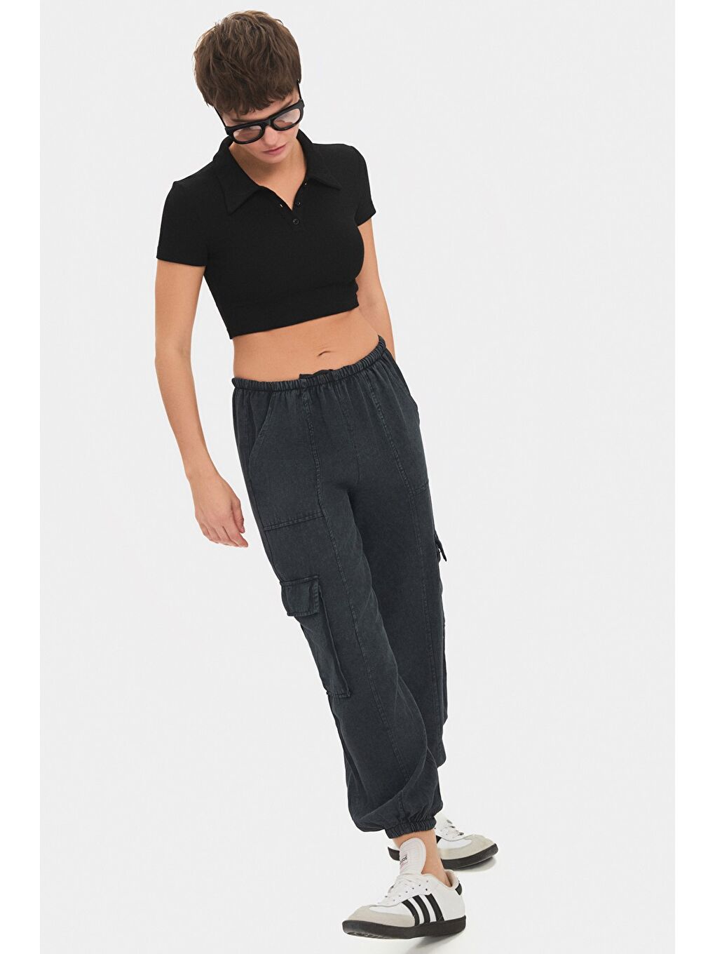 Antrasit Kadın %100 Pamuk Kargo Cepli Jogger Pantolon-3