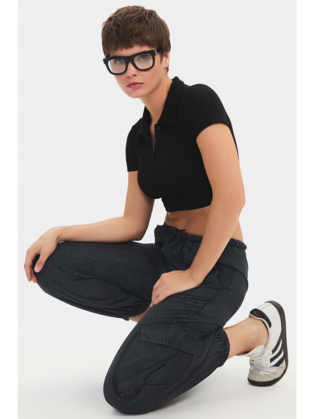 Antrasit Kadın %100 Pamuk Kargo Cepli Jogger Pantolon-1