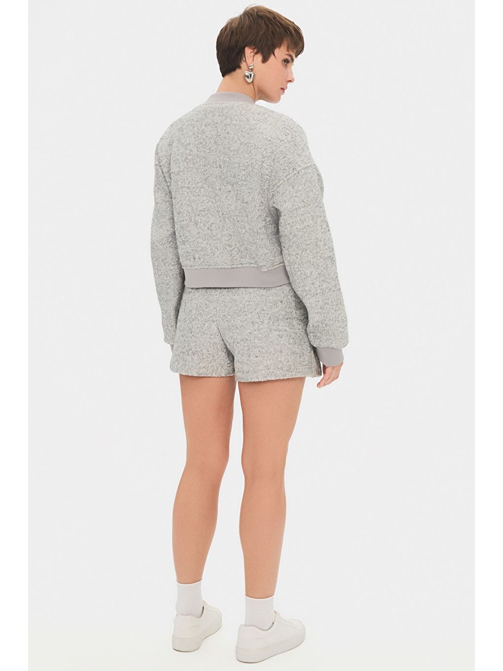 Gri Kadın Buklet Kumaş Bomber Ceket Pilili Mini Etek Takım-5