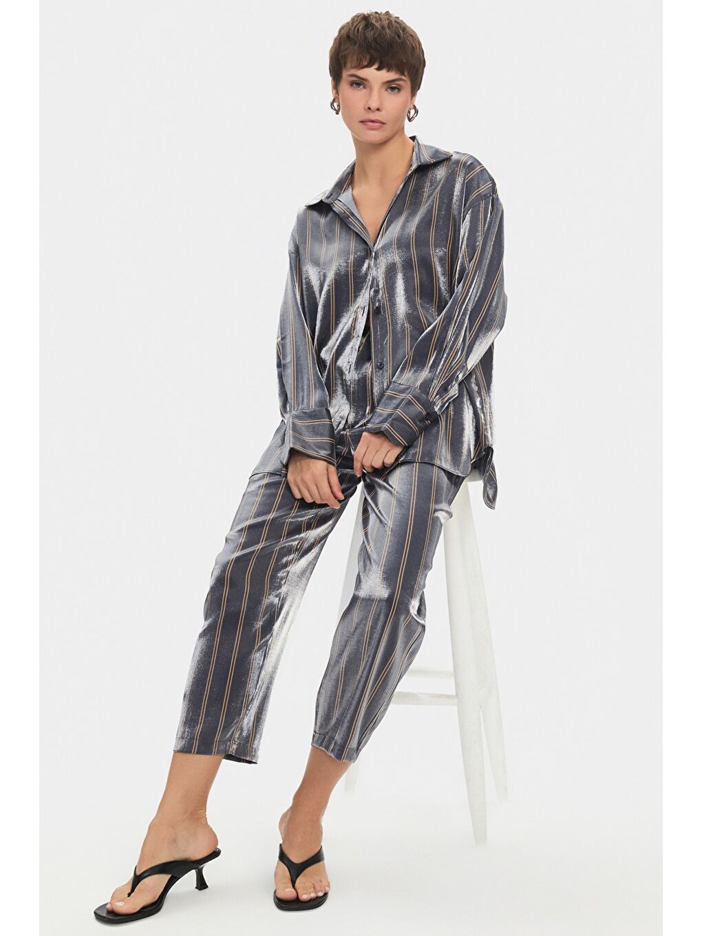 Lacivert Kadın Çizgili Gömlek Pantolon Takım