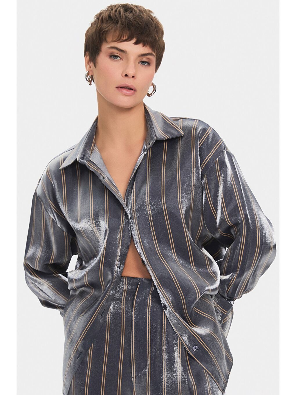 Lacivert Kadın Çizgili Gömlek Pantolon Takım-1