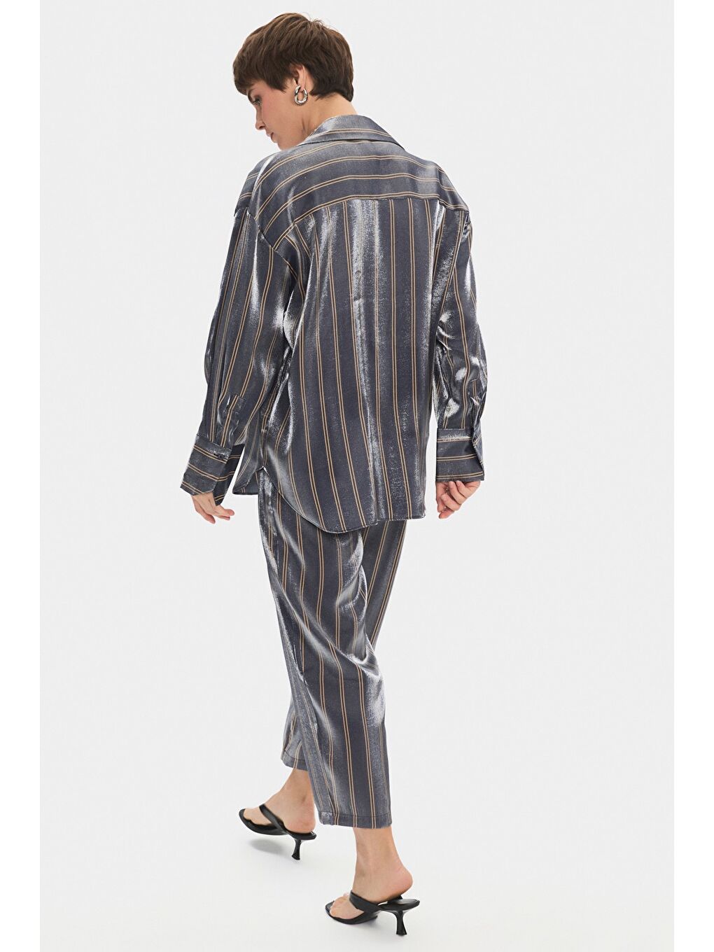 Lacivert Kadın Çizgili Gömlek Pantolon Takım-2