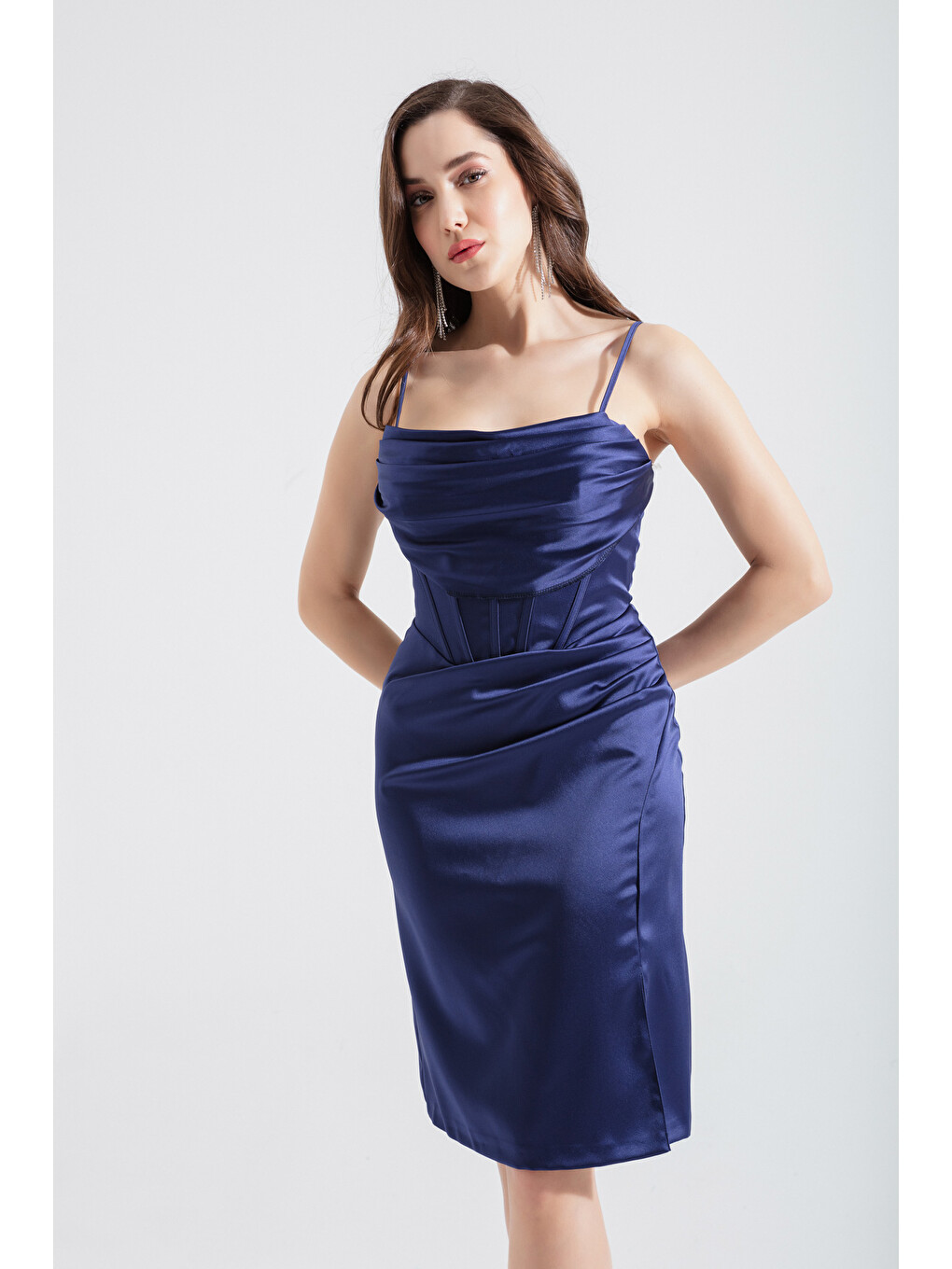Kadın Lacivert Mini Saten Abiye Elbise-1