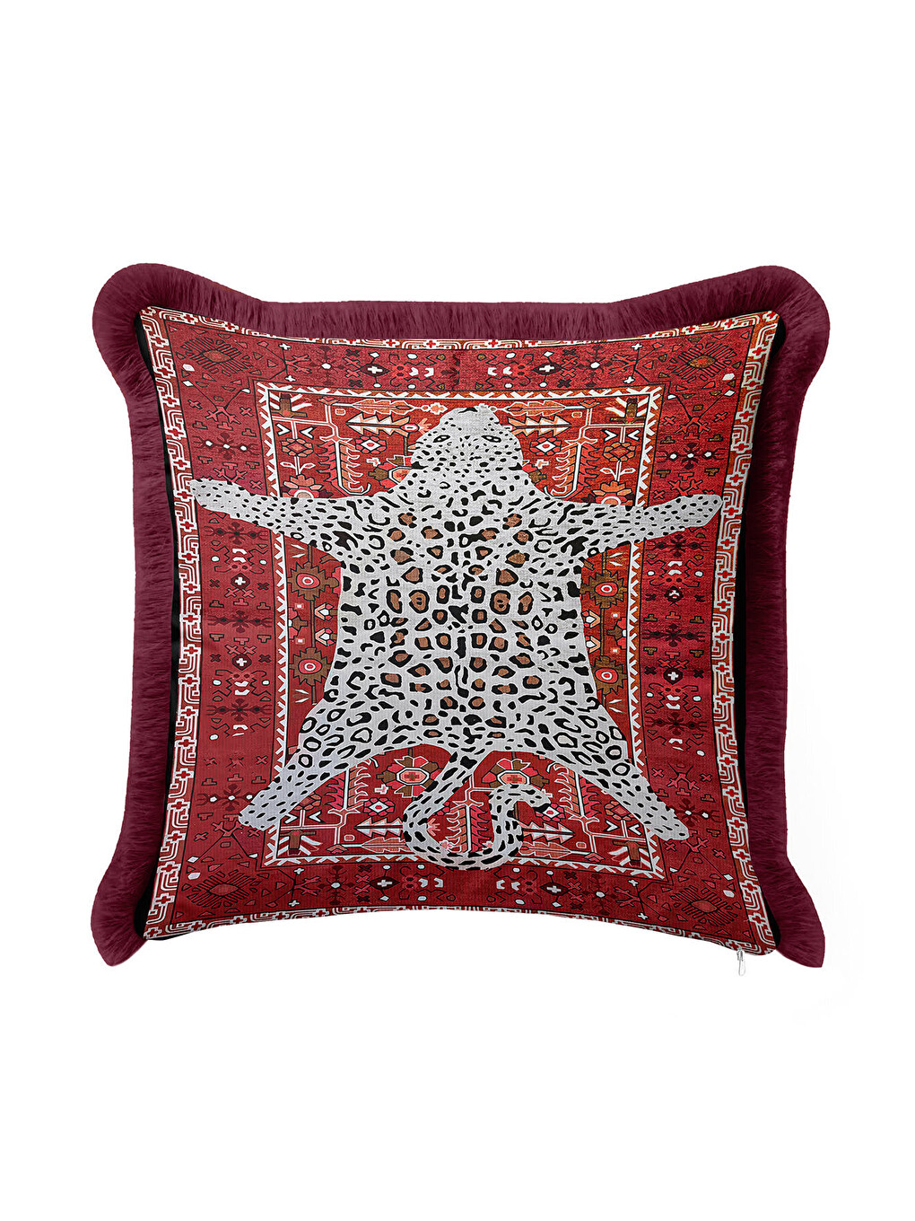 Karışık Lüks Leopar Halı Motifli Saçaklı Yastık Kılıfı - Vintage Bohem Kırmızı Gold Püsküllü Kırlent Kılıfı
