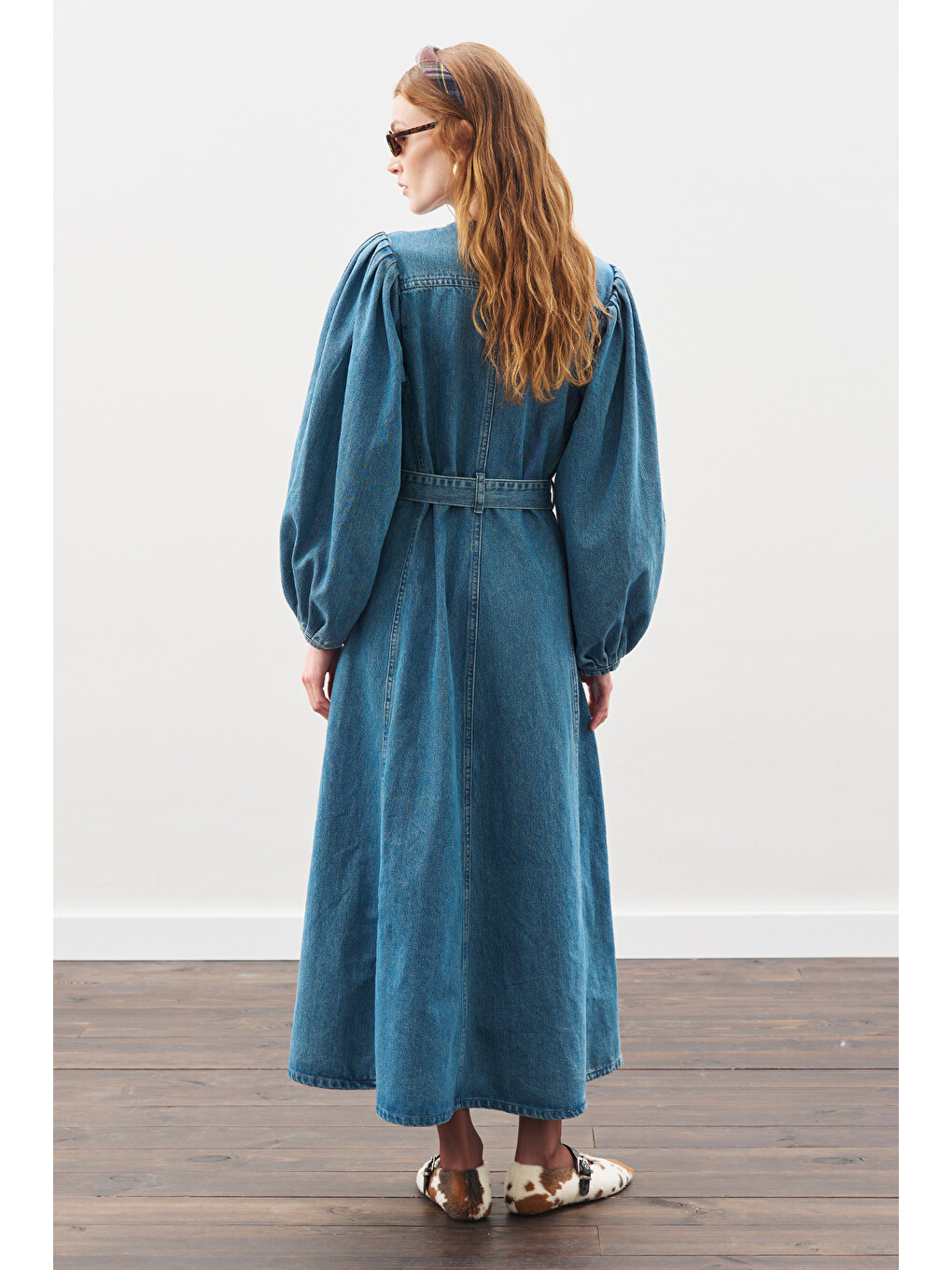 Geniş Kollu Denim Elbise Mavi-5