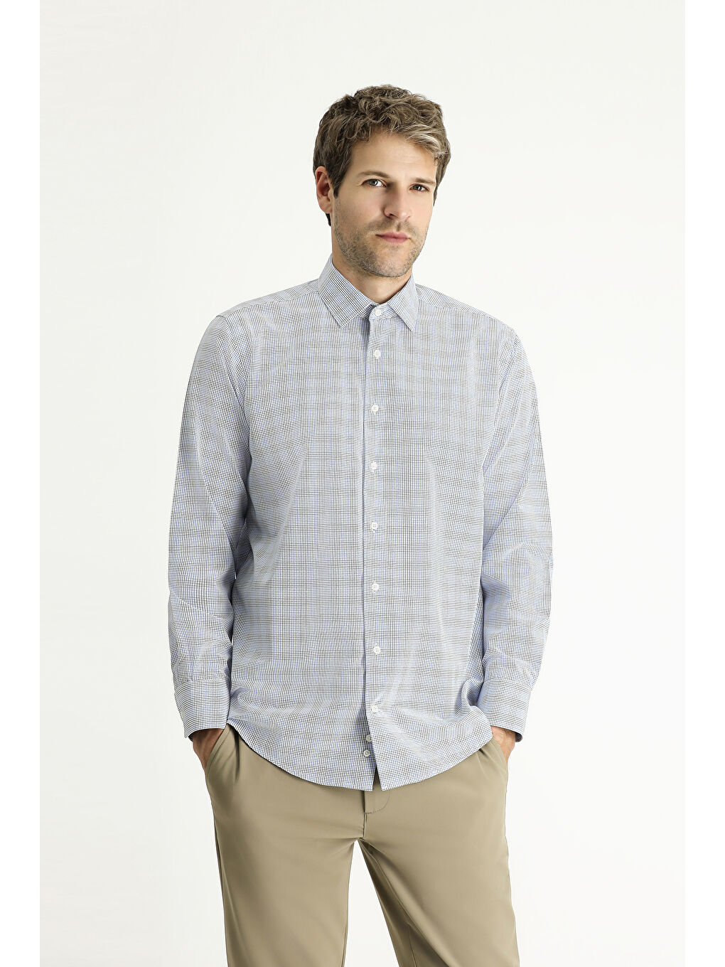 Lacivert Uzun Kol Regular Fit Ekose Pamuklu Kolay Ütülenebilir Gömlek-2