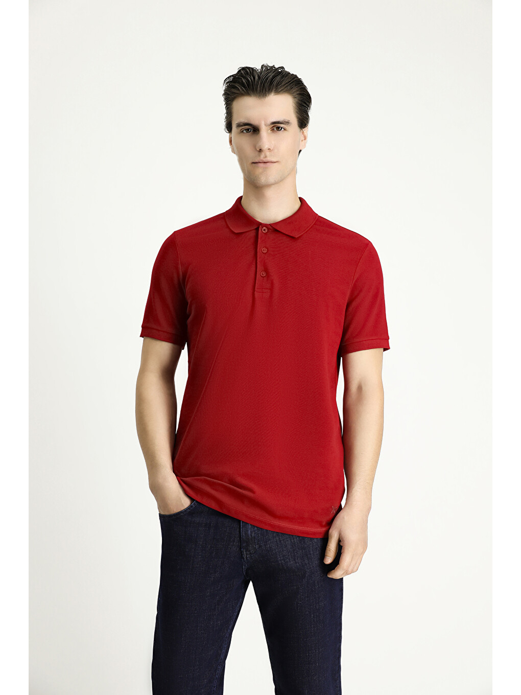 Kırmızı Slim Fit Dar Kesim Nakışlı Pamuk Polo Yaka Tişört-2