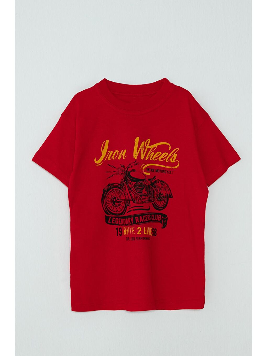 Kırmızı Motor Baskılı Kısa Kollu Erkek Çocuk Tişört