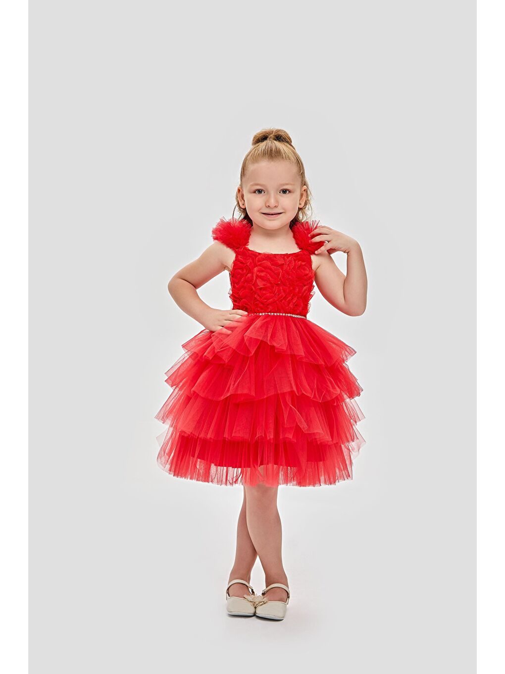 Kırmızı Robası Desenli Taşlı Elbise Abiye